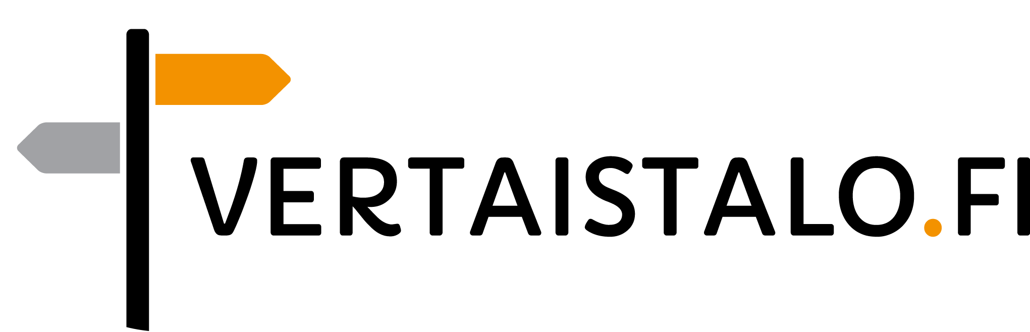 Vertaistalon logo. Vasemmalla tienviitta, jossa harmaa viitta vasemmalle ja keltainen oikealla. Teksti vertaistalo.fi