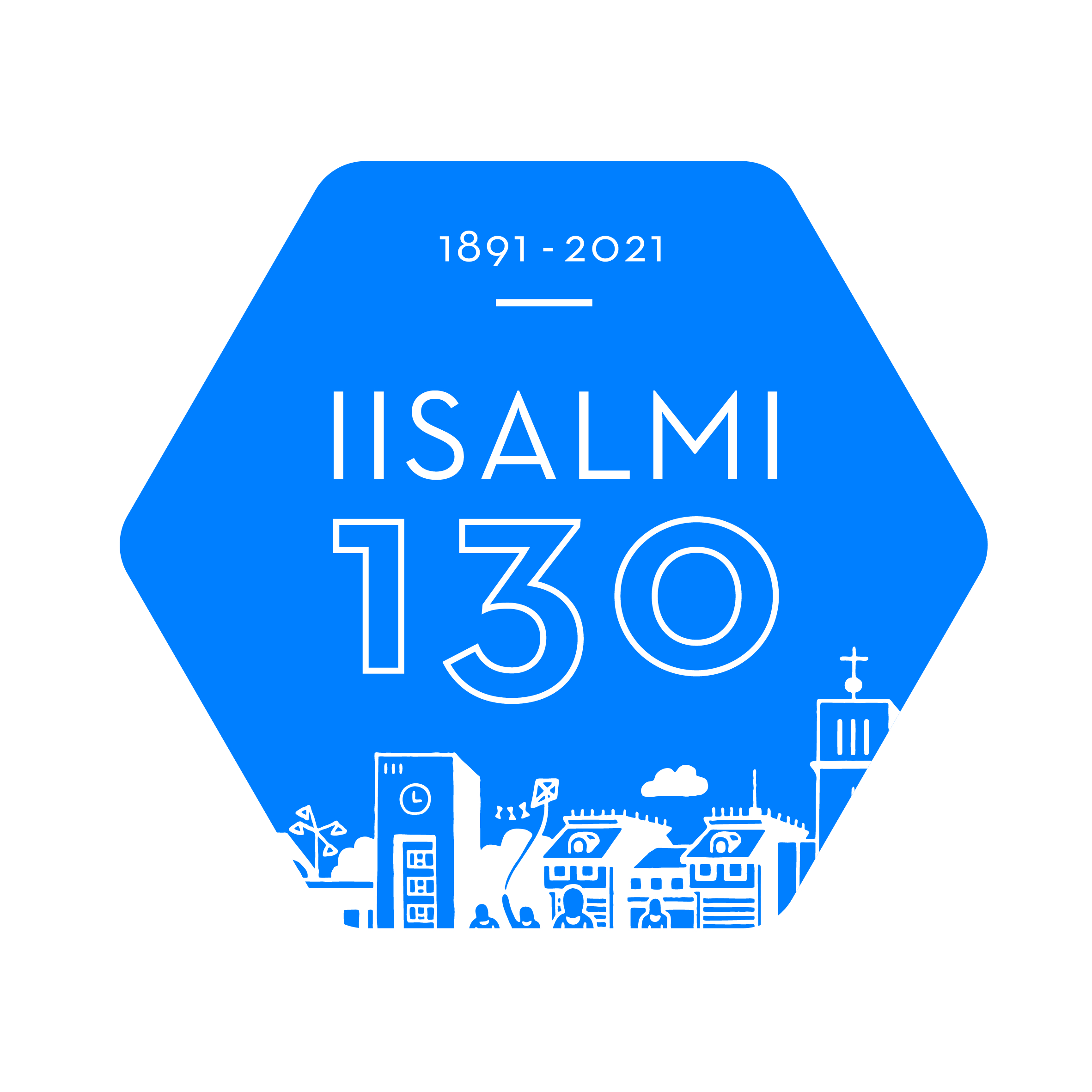 Iisalmi 130 vuotta logo. Sinisellä tausta ja teksti 1891-2021 Iisalmi 130. Alaosassa kaupungin profiili.