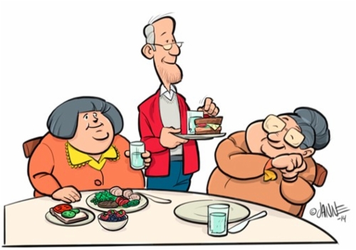 Piirretty kuva, jossa kaksihymyilevää naista päydän ääressä. Hymyilevä mies seisoo heidän välissään tarjottimella voileipää ja maitolasi. Toisen pöydän ääressä istuvan nisen edessä ruoka-annos, salaattia ja voileipä.